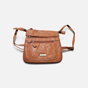 Koltov Cognac Brown Faux Leather Multi Pocket Crossbody Bag Adjustable Strap